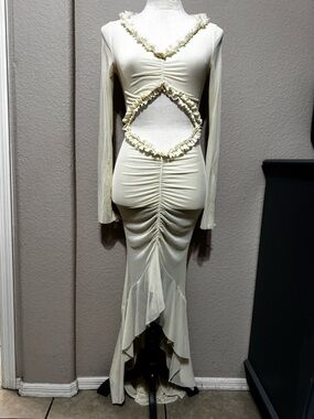 Women's Cream Cutout Ruffle Ruched Long Dress / Cover up